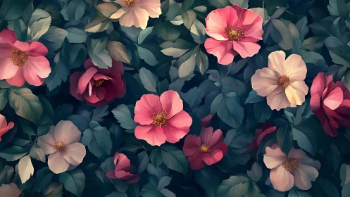 Garden blooms in soft pink and cream tones with emerald foliage.