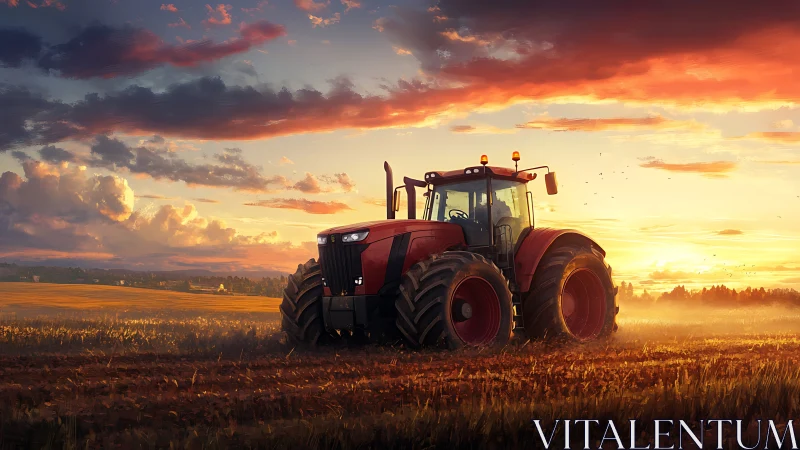 Red tractor in open field under dramatic sunset sky.
