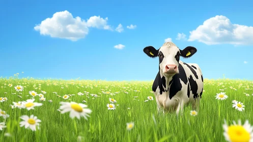 Holstein cow standing in green meadow under blue sky.