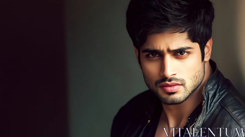 Brooding gaze and soft light on a modern leather-clad face.