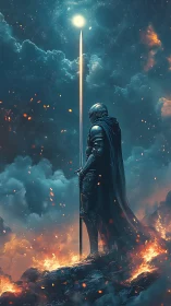 Armored warrior under celestial light on burning ridge.