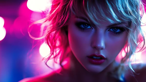 Neon-lit portrait of intense woman in vibrant bokeh glow.