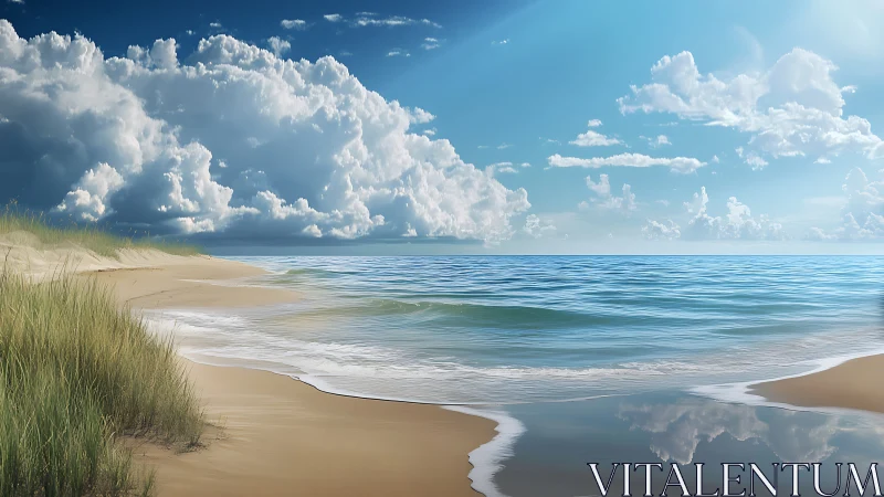 Coastal shoreline under cumulus buildup with reflective wet sand