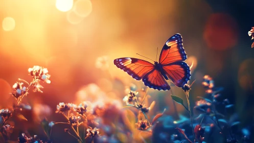 Sunlit monarch butterfly in warm bokeh meadow glow.