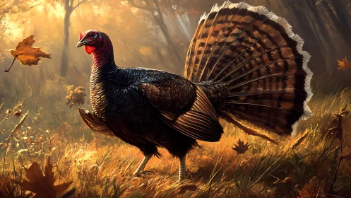 Wild turkey standing in autumn woodland lighted scene.