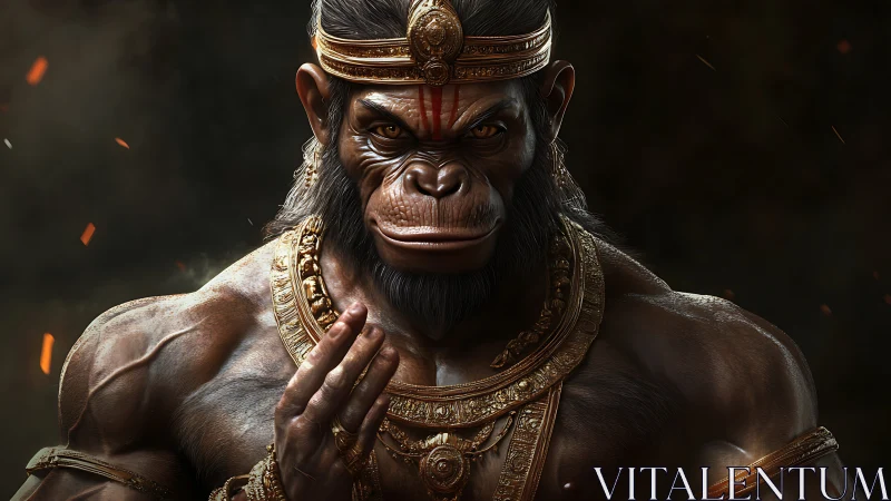 Majestic warrior monkey deity in glowing ember light.