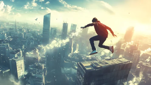 Skyline daredevil kicks off the morning light above towers