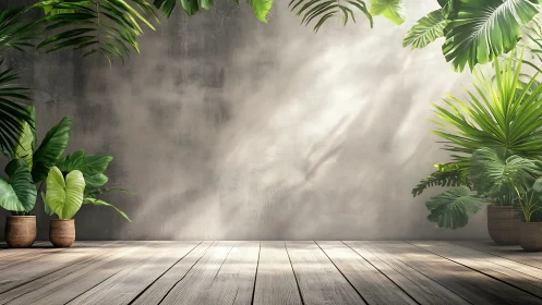 Sunlit jungle corner framing a calm wooden floor stage.