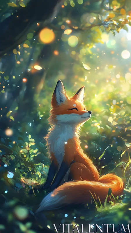 Digital illustration of fox in sunlit forest clearing.