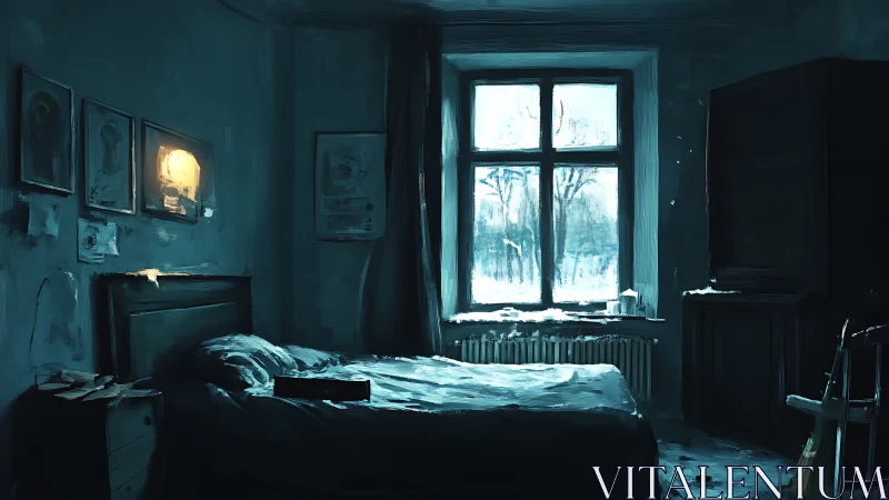 Moonlit window hums over a winter-blue forgotten bedroom