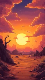 Desert canyon sunset with stylized sun and rocky foreground.