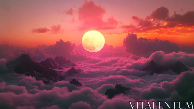 Luminous celestial sphere above magenta stratocumulus mountains.