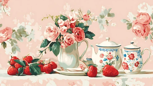 Gentle strawberry tea scene celebrates soft floral charm