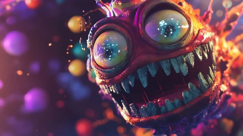 Grotesque neon monster lunges through a chaotic cosmic void