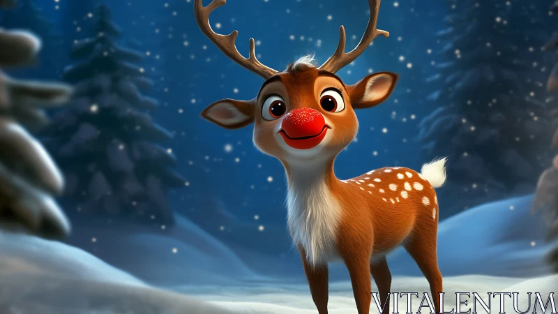 Cheerful red-nosed reindeer in glowing winter snowfall.