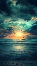 Dramatic ocean sunset renders cinematic atmospheric depth