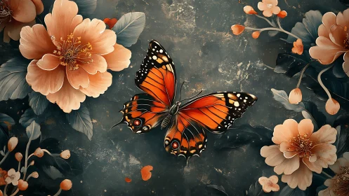 Orange butterfly on stylized floral background in teal tones.