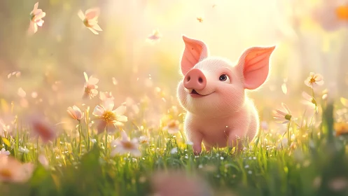 Digital piglet in soft meadow light with floating petals.