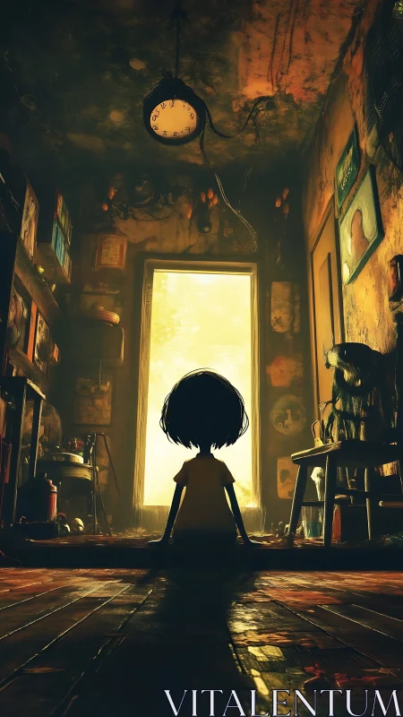 Child silhouette in worn room facing bright doorway.