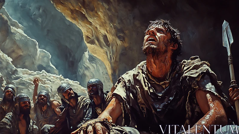 Wounded warrior kneels in cavern surrounded by soldiers.