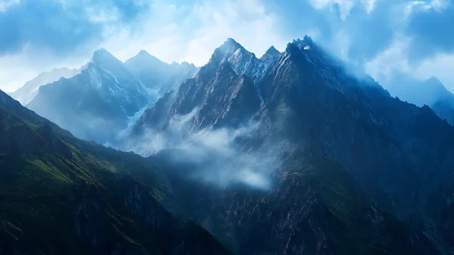 Glacial mountain ridges cut mist with cold blue light.