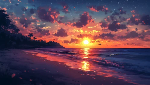 Glowing tropical sunset welcoming you to a dreamy shore.