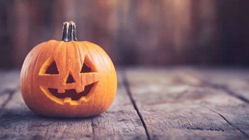 Carved jack o lantern pumpkin on rustic wooden surface.