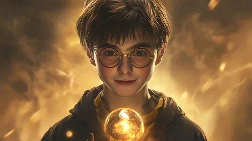 Young wizard studies glowing orb under golden storm light.