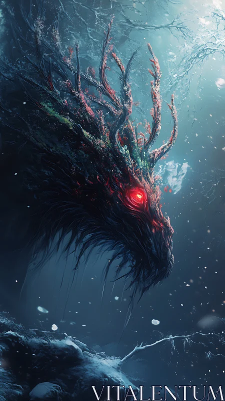 Mystic ice dragon drifting through a glowing winter dreamscape.