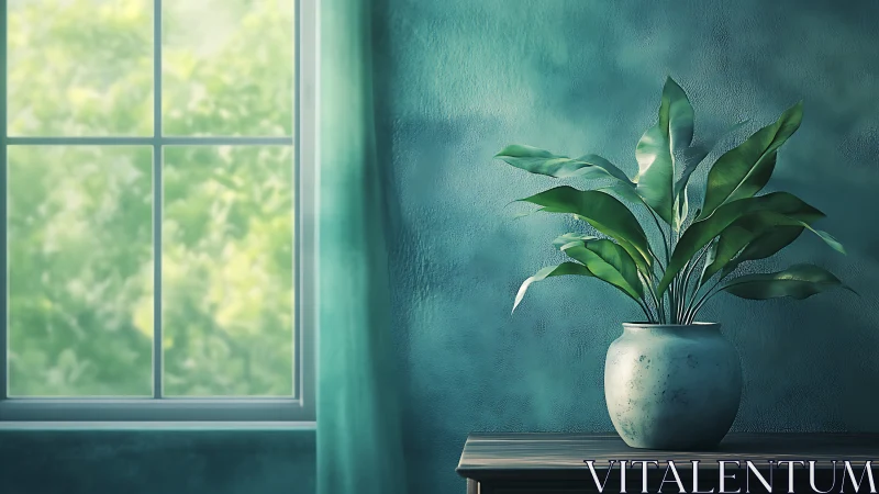 Interior daylight study with potted foliage and teal diffusion.