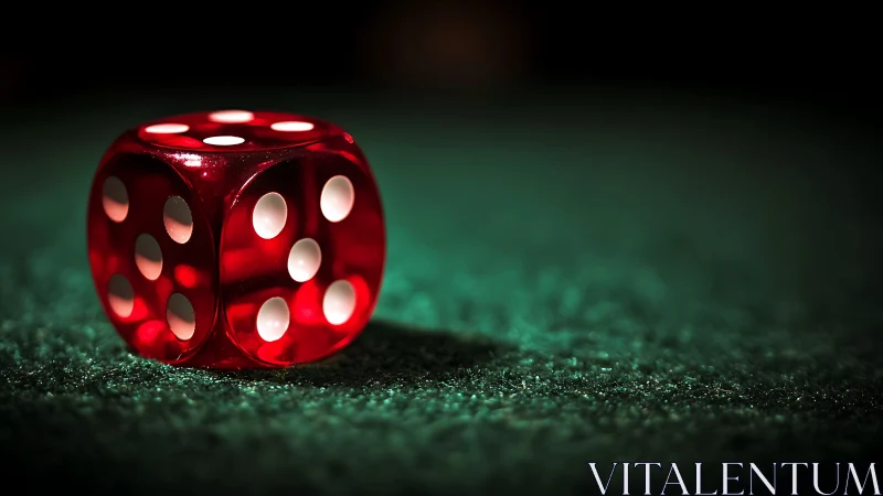 Translucent red casino die on green felt under spot lighting.