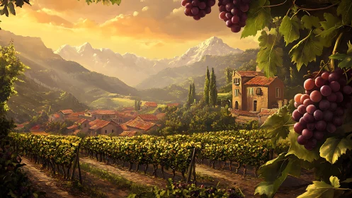 Sunlit hillside vineyard with village and distant mountains.