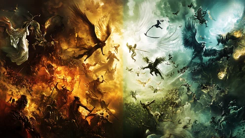 Epic celestial battle dividing fire and light realms.