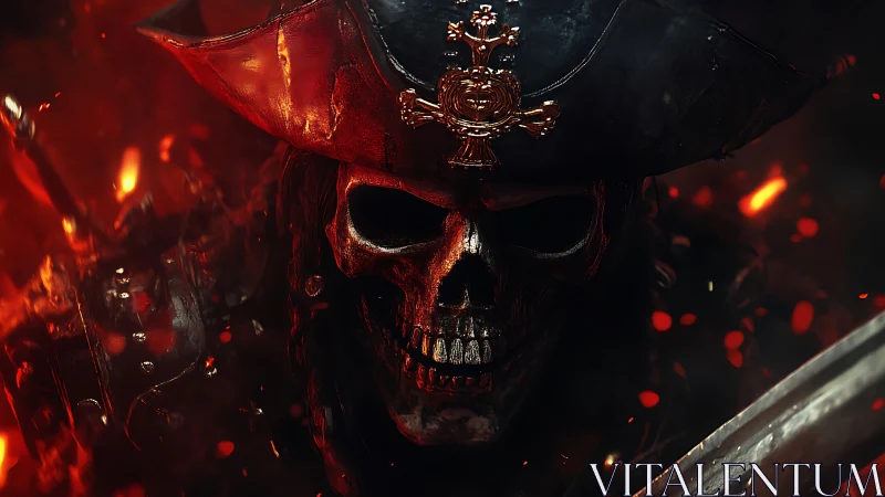 Skeletal pirate captain portrait with burning ember backdrop.
