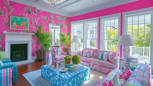Maximalist tropical living room with bold chromatic layering.