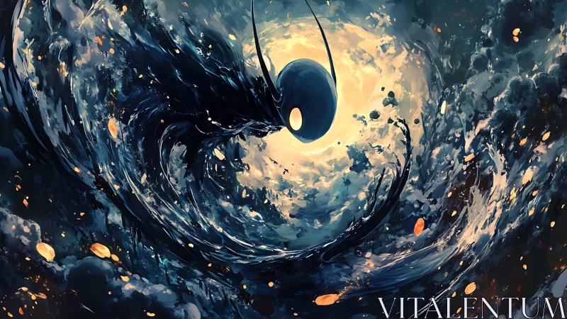 Voidborne wraith ascending through luminous cosmic maelstrom.