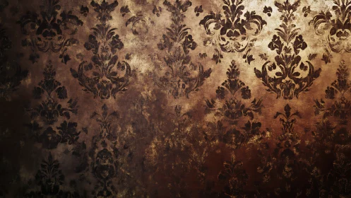 Aged damask wallpaper pattern with worn metallic tones.