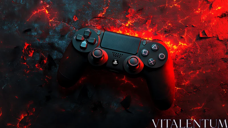Cyberpunk Gaming Controller Against Molten Lava Backdrop.