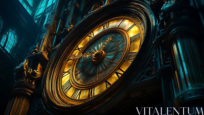 Large ornate clock face occupies a vertical architectural frame
