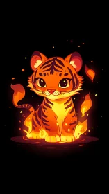 Fiery chibi tiger cub rendered in luminous vector flames.