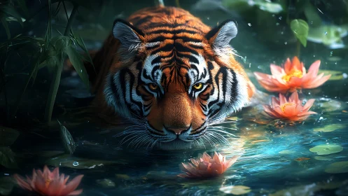 Moonlit tiger drifts through lotus-lit jungle waters