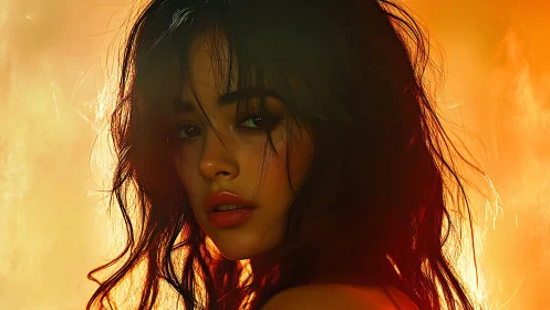 Digital portrait with warm backlight and tousled hair glow.