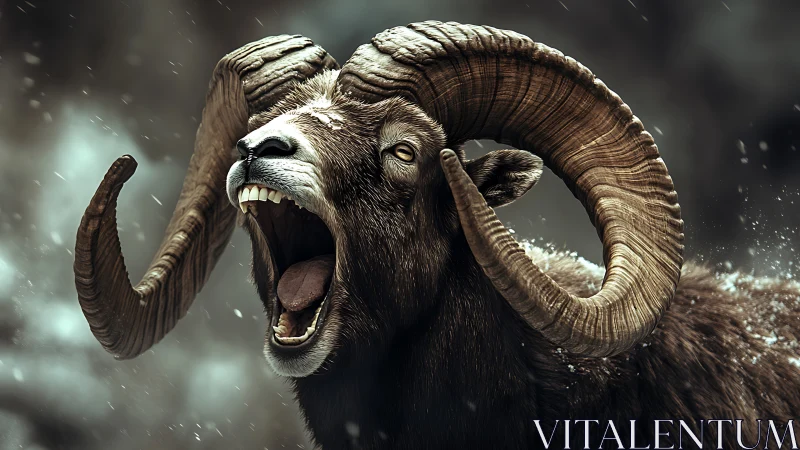 Mountain sheep with curved horns in winter conditions.