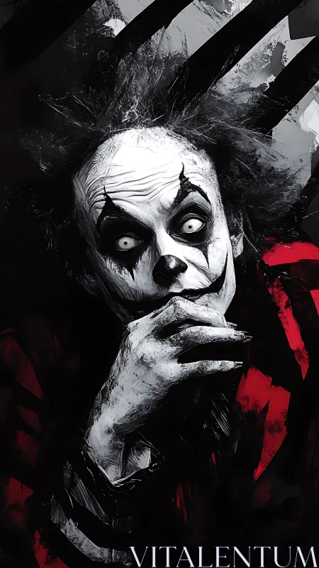 Sinister monochrome clown portrait with intense gaze.