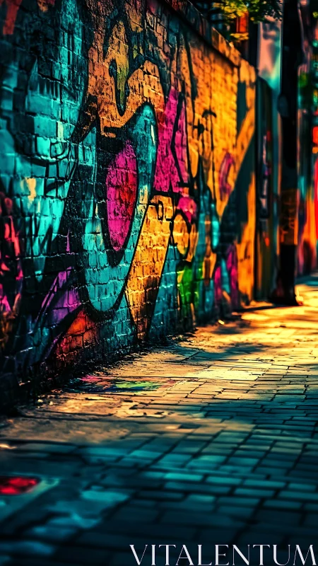 Photorealistic alley mural with neon chromatic lighting study.