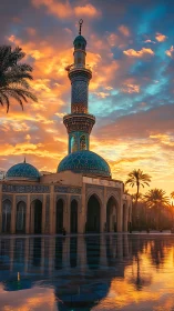 Sunset mosque with blue dome and tall minaret reflected.