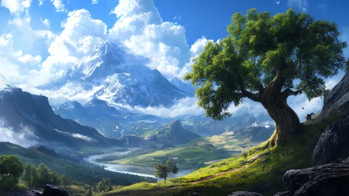 Expansive alpine valley under towering snow peaks and illuminated oak