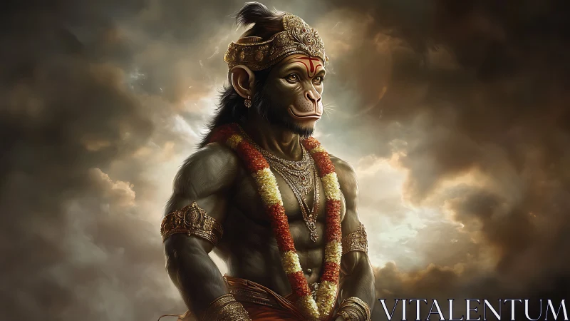 Monkey-headed warrior deity stands in ornate golden armor