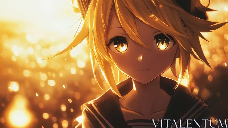 Anime-style blond character in warm backlit sunset scene.