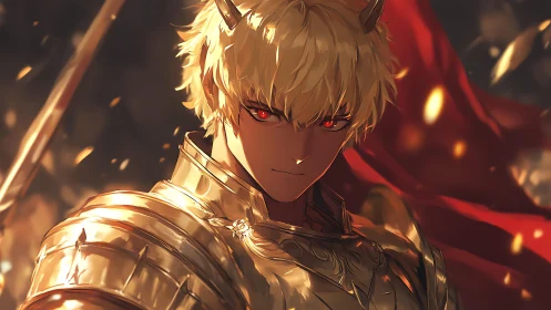 Golden armored demon prince rendered in dramatic anime lighting
